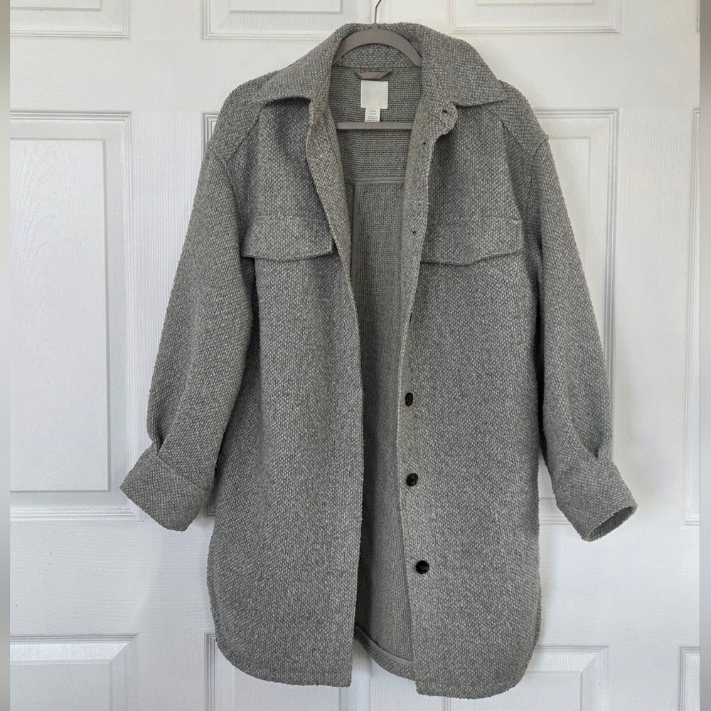 H&M Long Shacket XS Oversized Coat Textured Green Marl Flannel Pockets